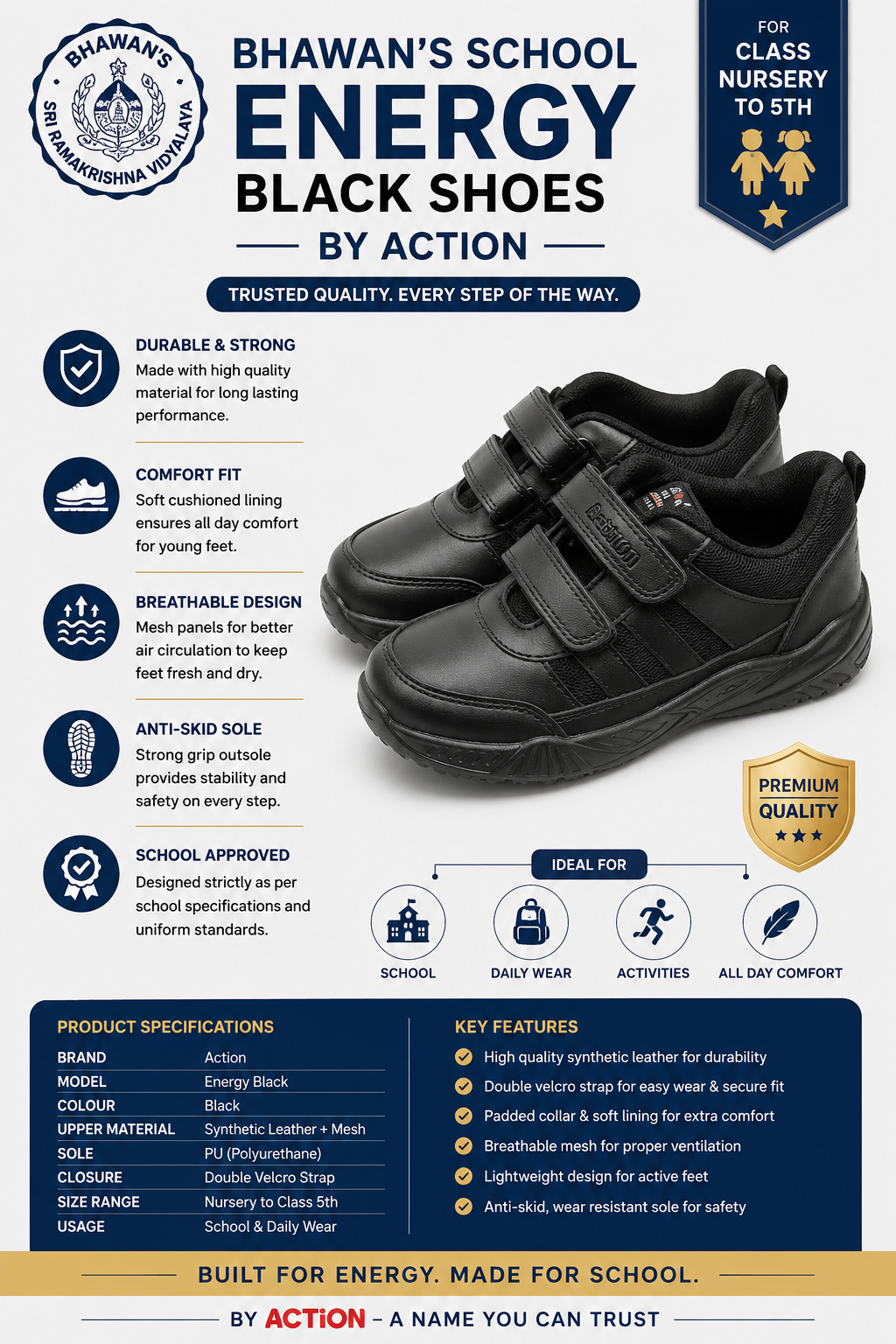 BLACK VELCRO SHOES FOR NURSERY TO CLASS 5TH