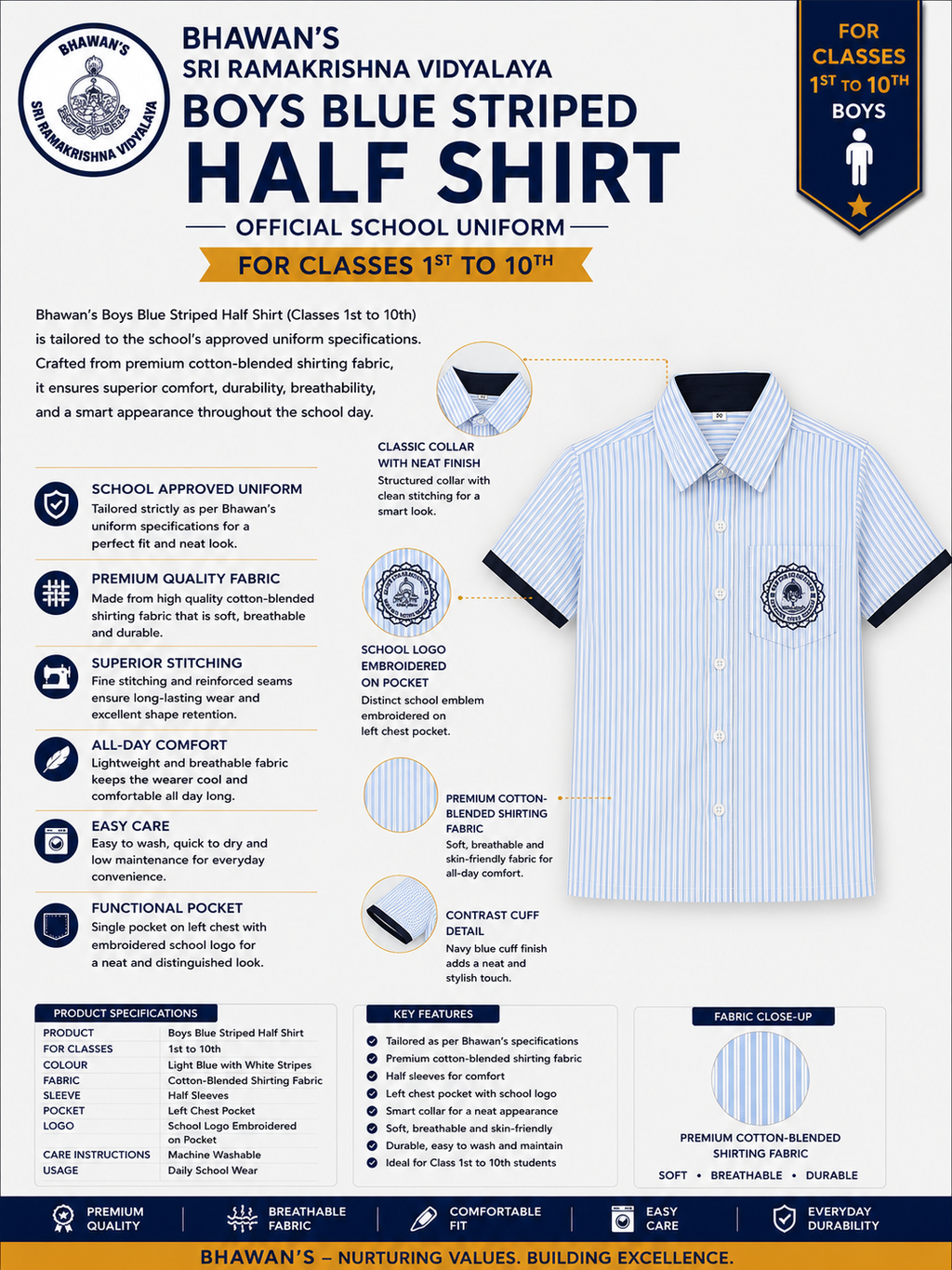 BOY'S WHITE AND BLUE STRIPED SHIRT FOR CLASS 1ST TO 10TH