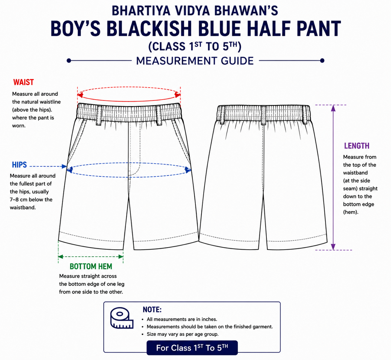 BOY'S NAVY BLUE HALF PANT FOR CLASS 1ST TO 5TH