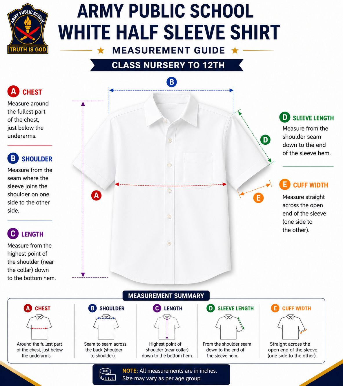 Army Public School White Half Sleeve Shirt