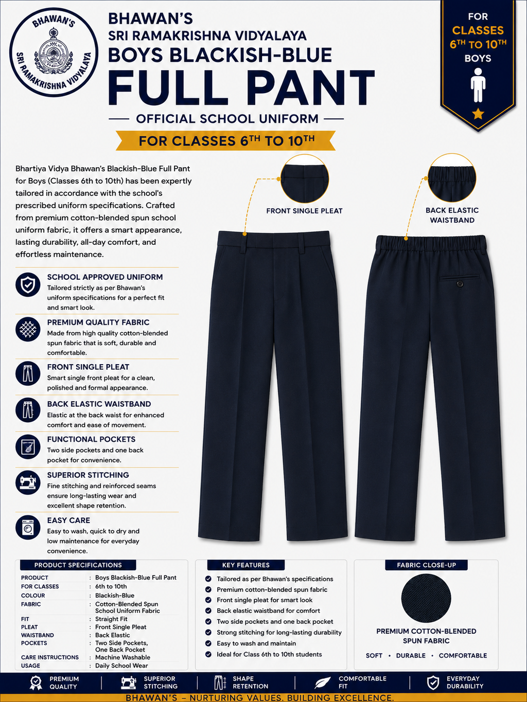 BOY'S DARK NAVY BLUE FULL PANTS FOR CLASS 6TH TO 10TH