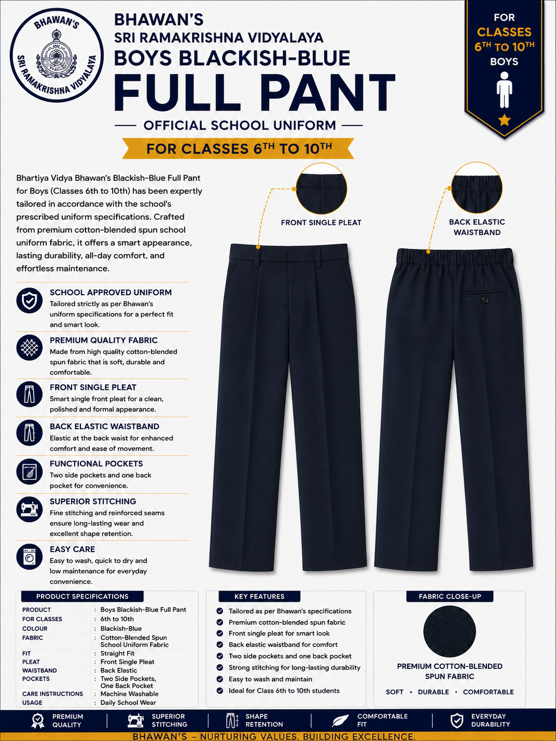 BOY'S DARK NAVY BLUE FULL PANTS FOR CLASS 6TH TO 10TH