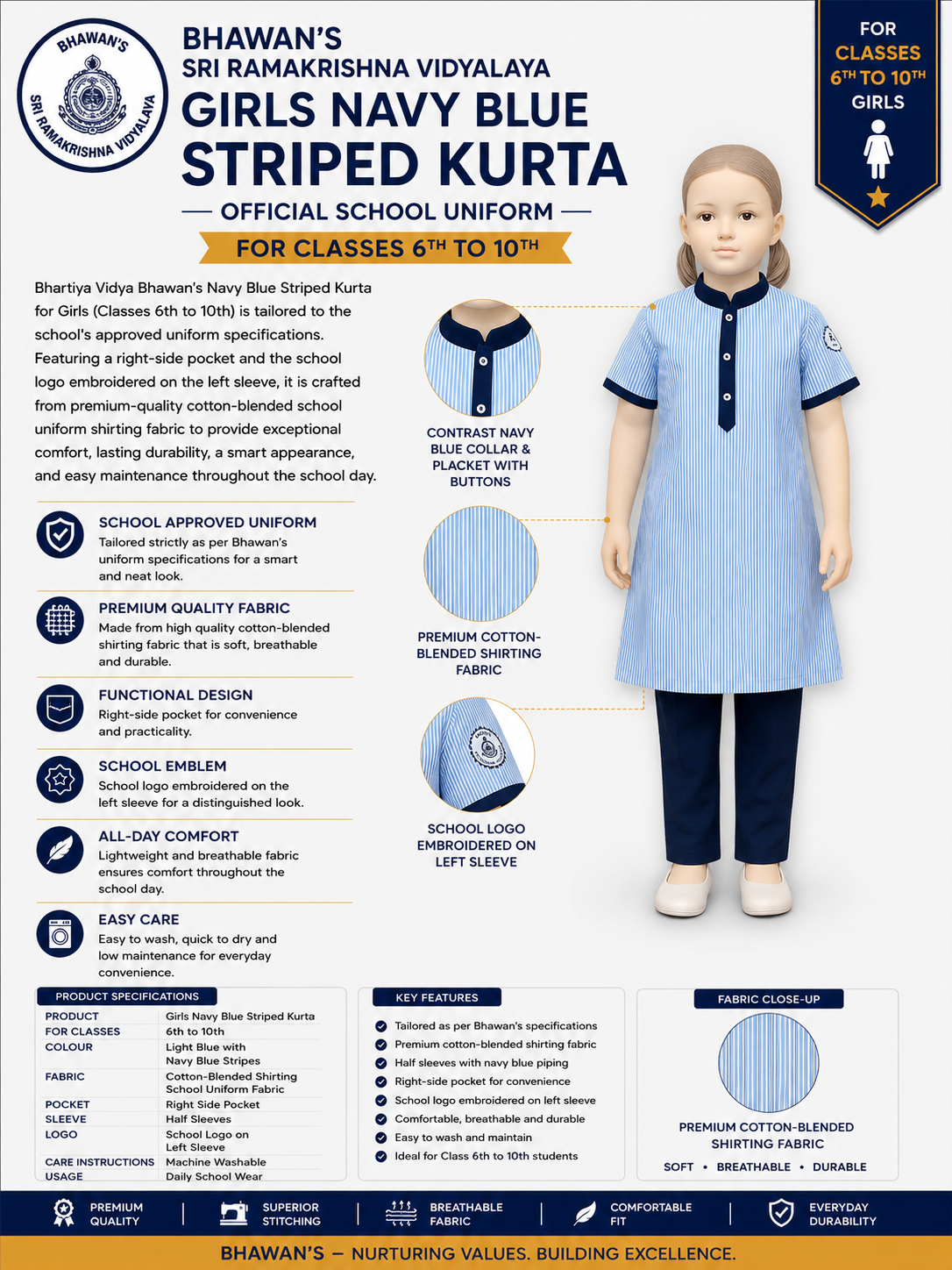 GIRL'S BLUE STRIPED KURTI FOR CLASS 6TH TO 10TH