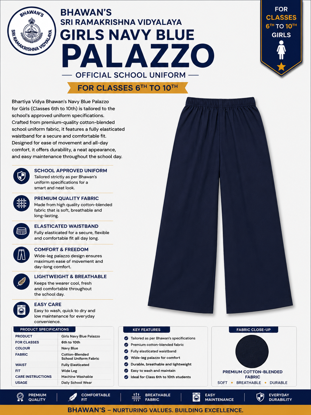GIRL'S NAVY BLUE PALAZZO FOR CLASS 6TH TO 10TH
