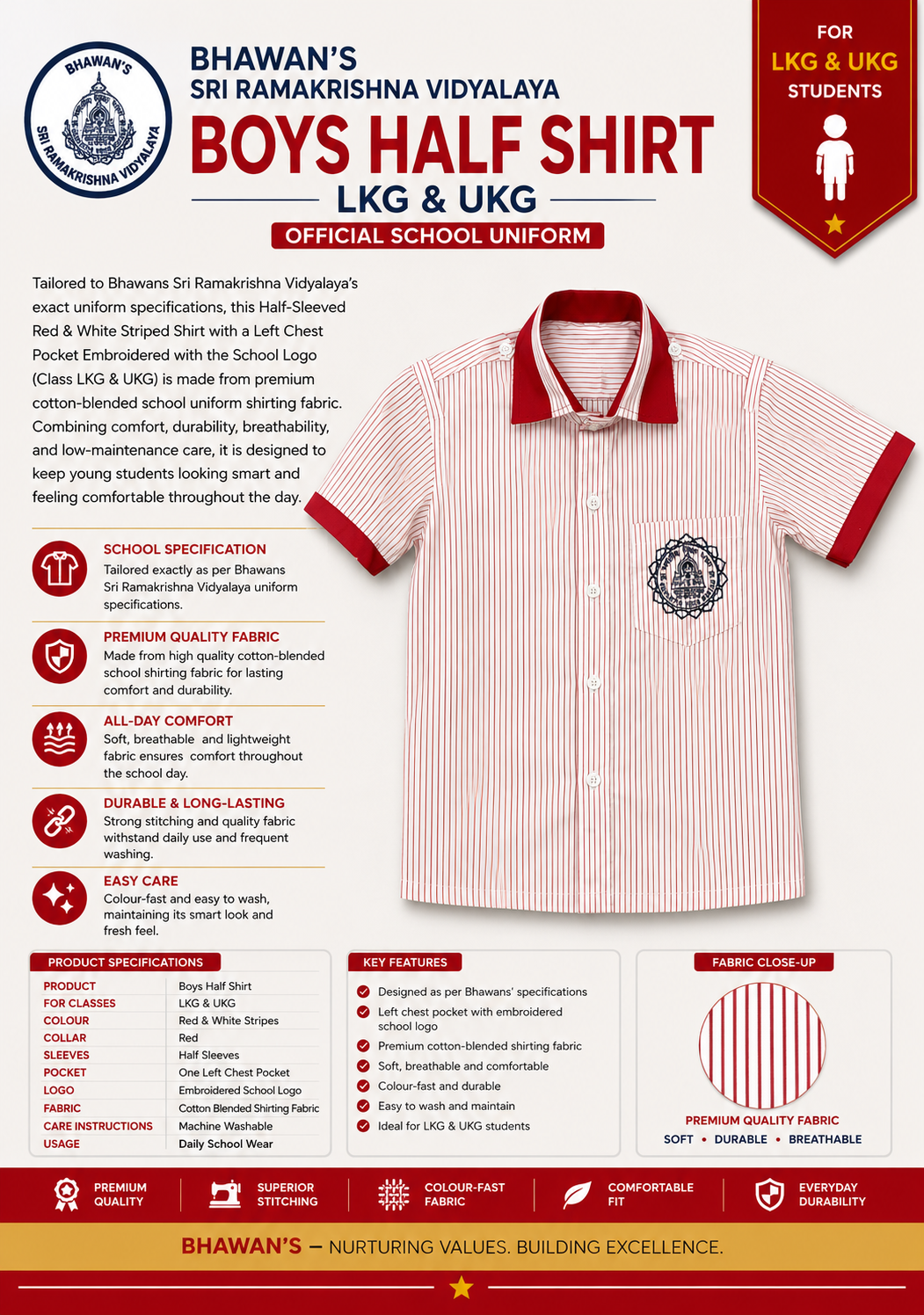 BOY'S RED STRIPED WHITE SHIRT FOR LKG & UKG