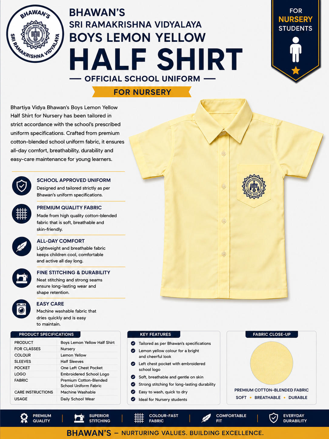 BOY'S LEMON YELLOW HALF SLEEVED SHIRT FOR NURSERY