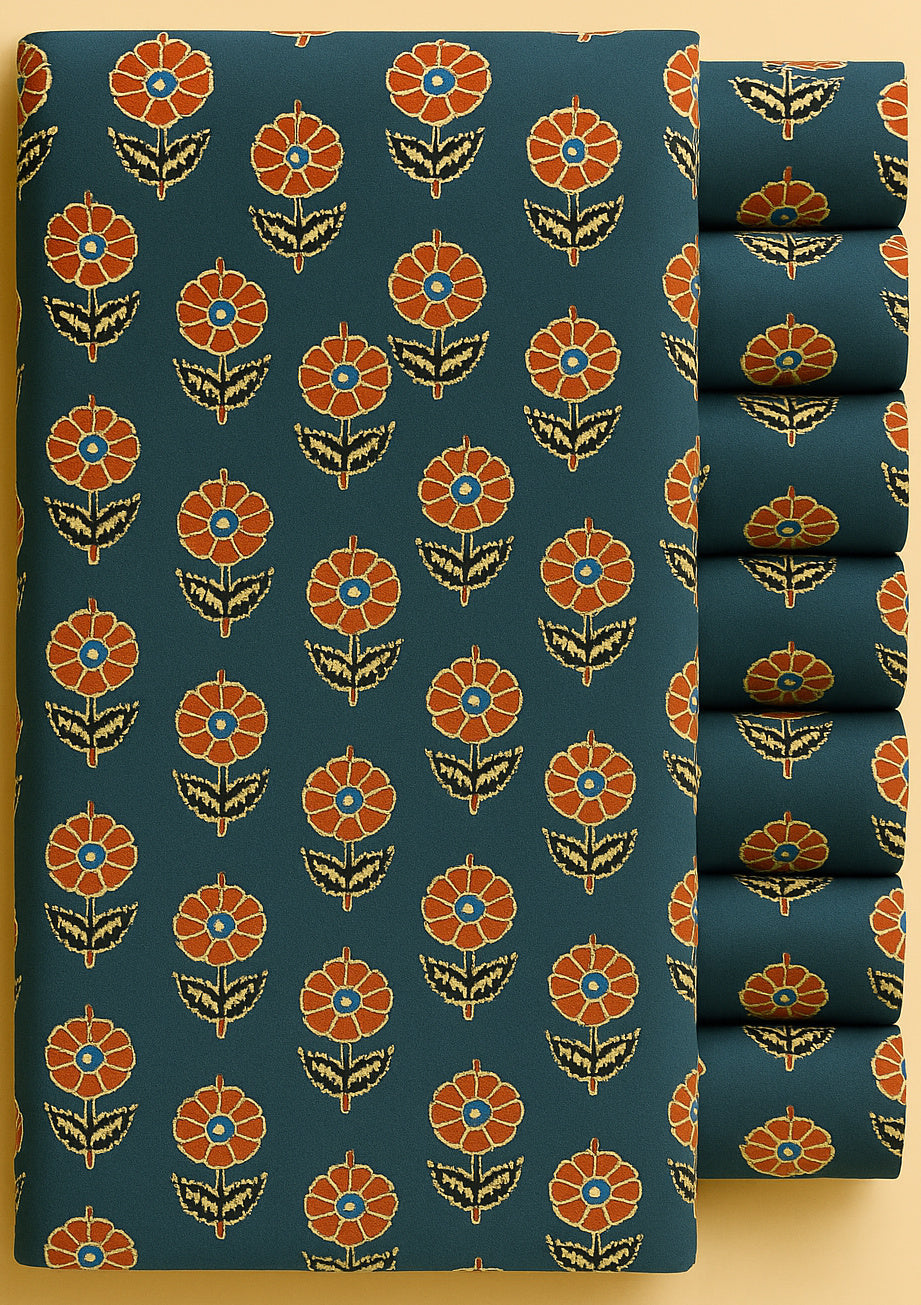 RED AND BLACK FLORAL ON DARL BLUE-GREY