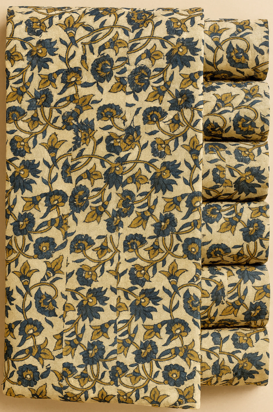 DARK CAMEL, BEIGE AND GREEN FLORAL ON CREAM
