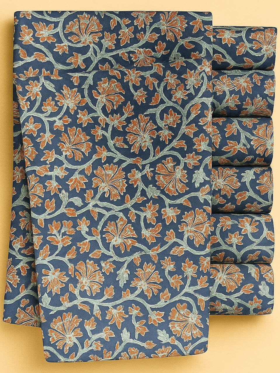RUST AND SKY BLUE FLORAL ON NAVY BLUE