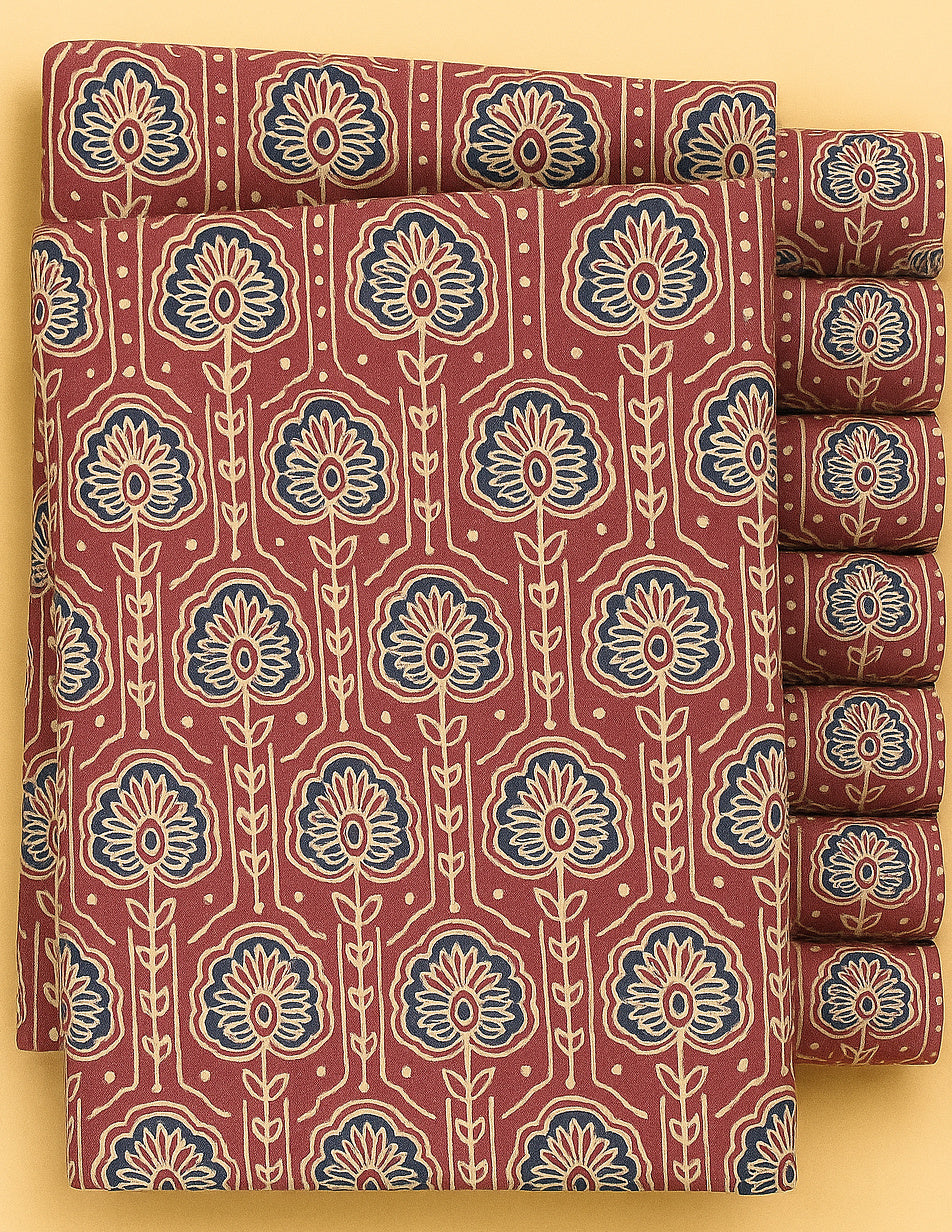 CREAM AND GREYISH BLUE FLORAL ON RED