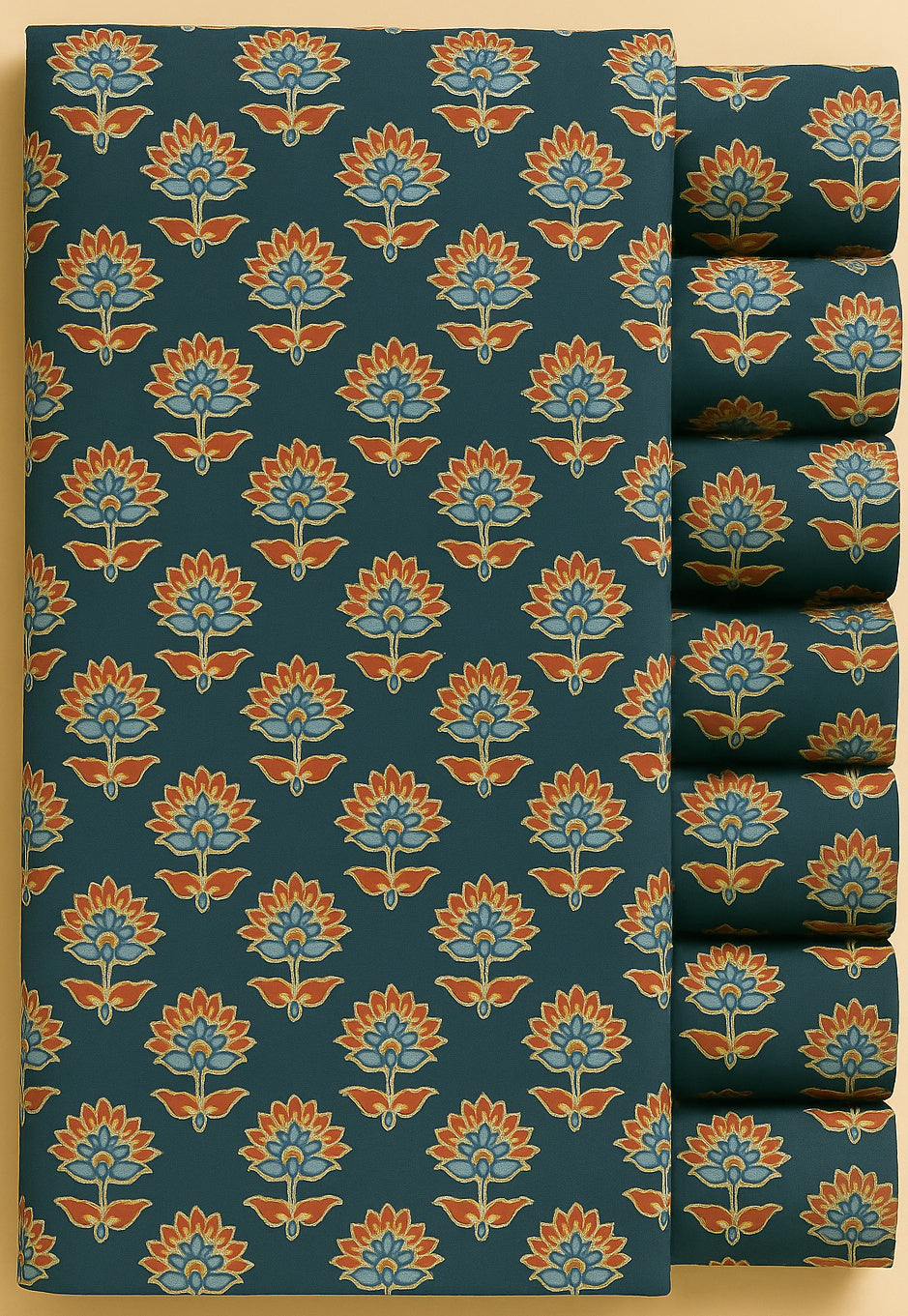 CAMEL, BLUE AND RED FLORAL ON TEAL