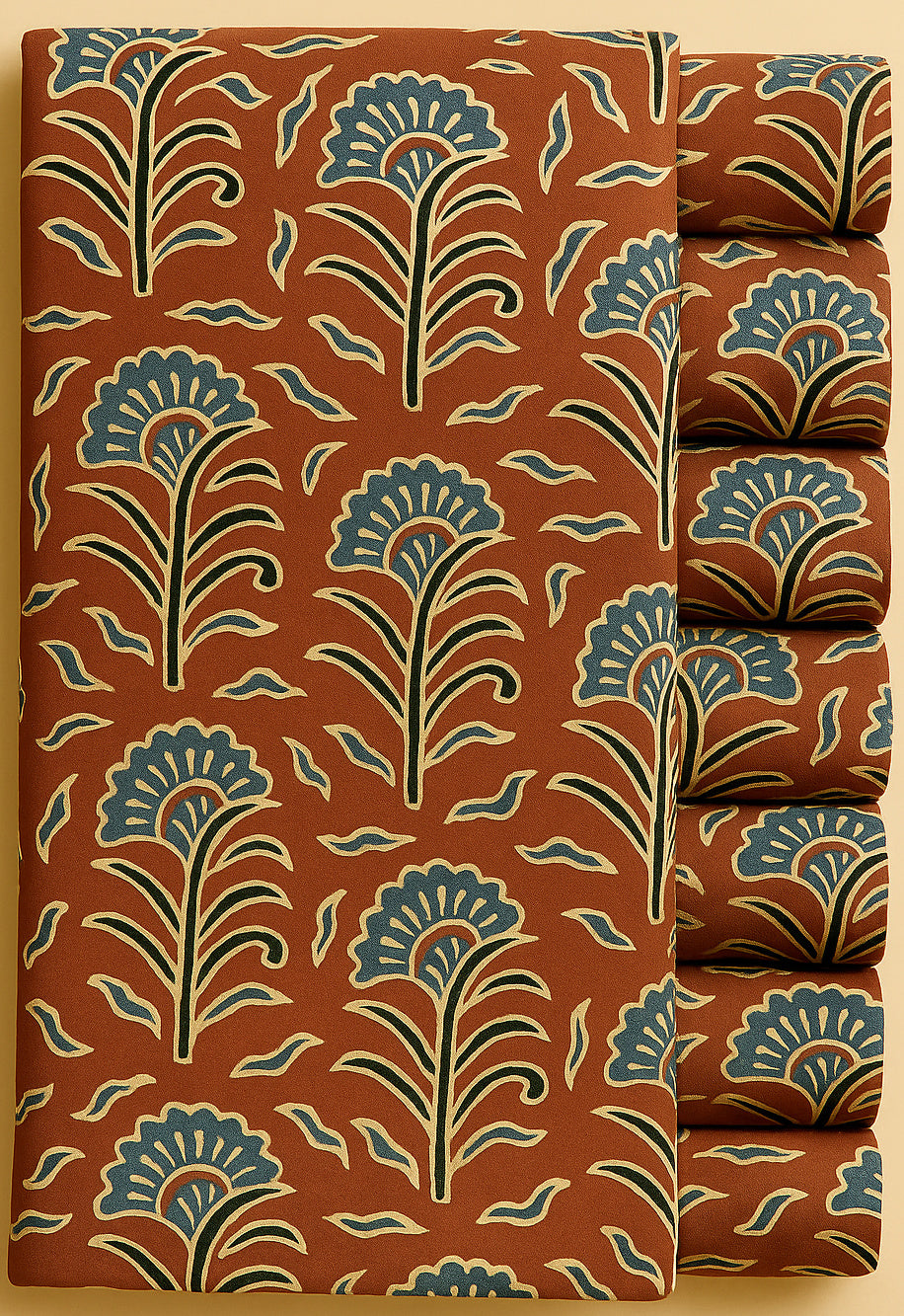TEAL, HALF WHITE AND BLACK FLORAL ON RUST