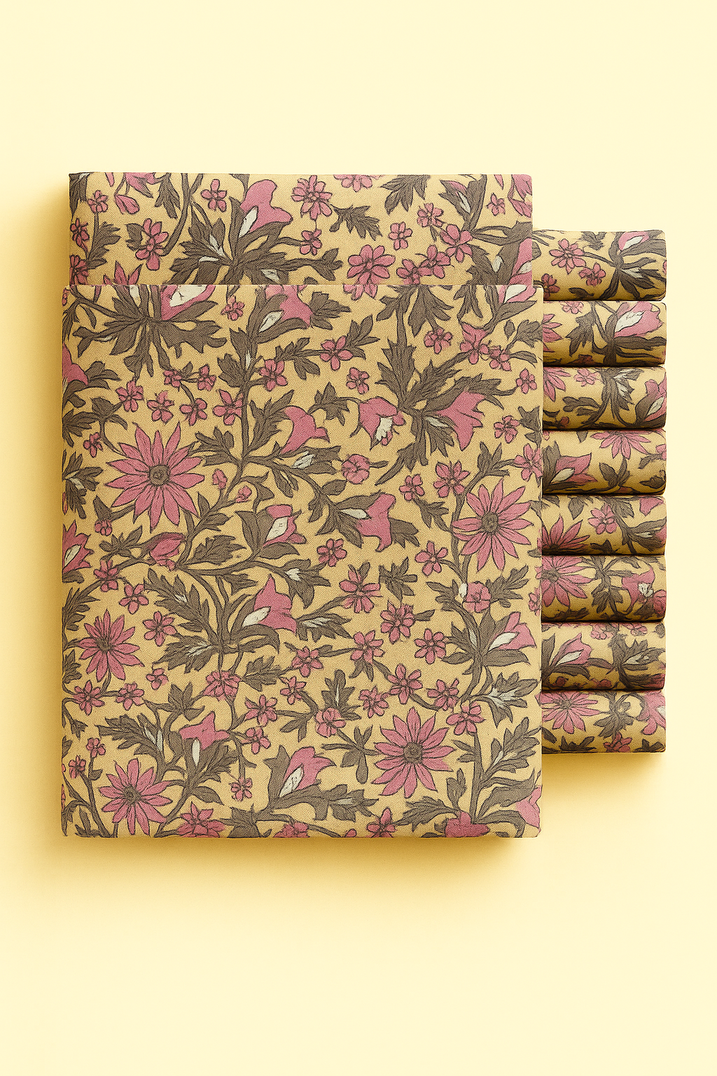 PEACH AND GREEN FLORAL ON MUSTARD