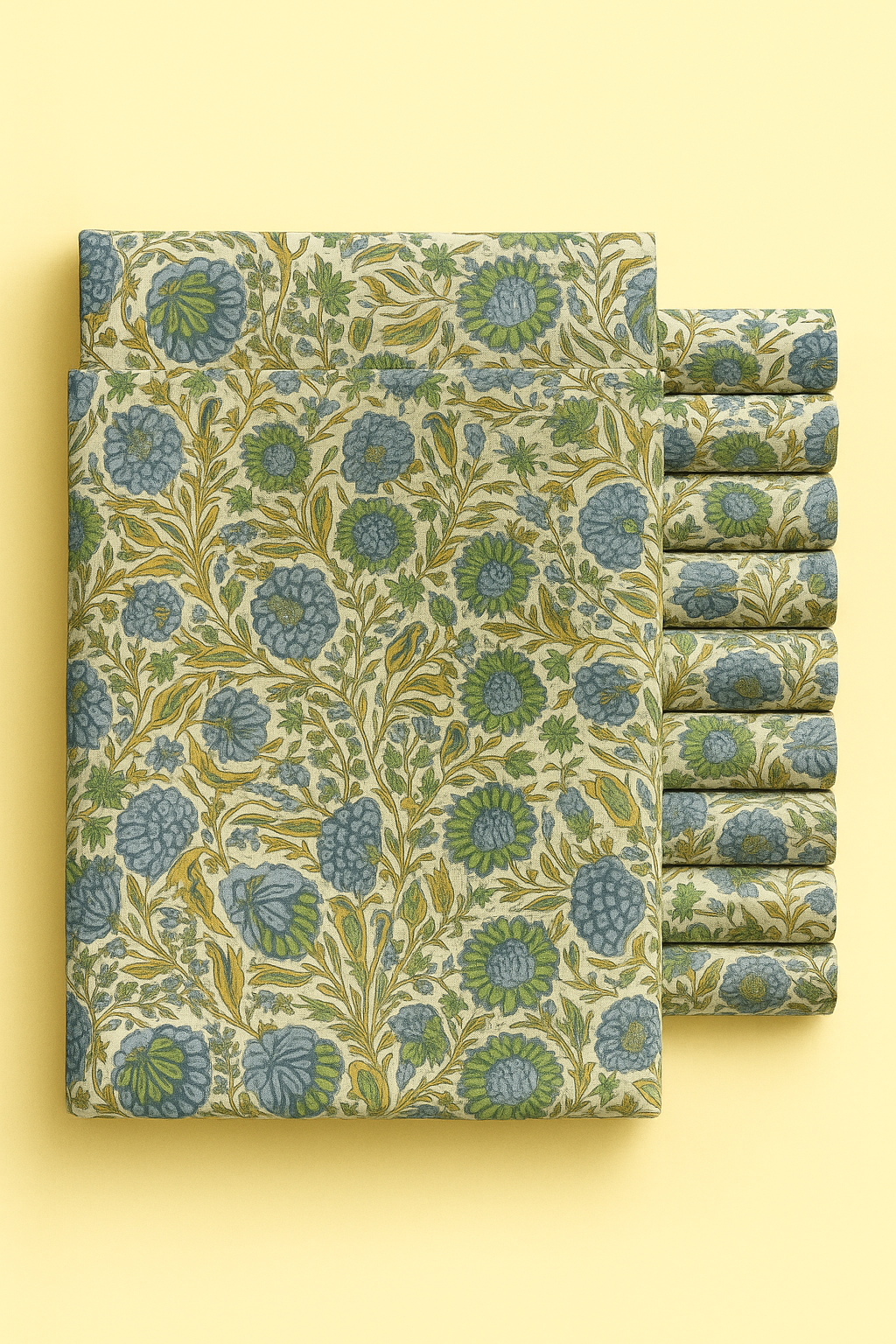 BLUE, GREEN LEMON-GINGER FLORAL ON CREAM