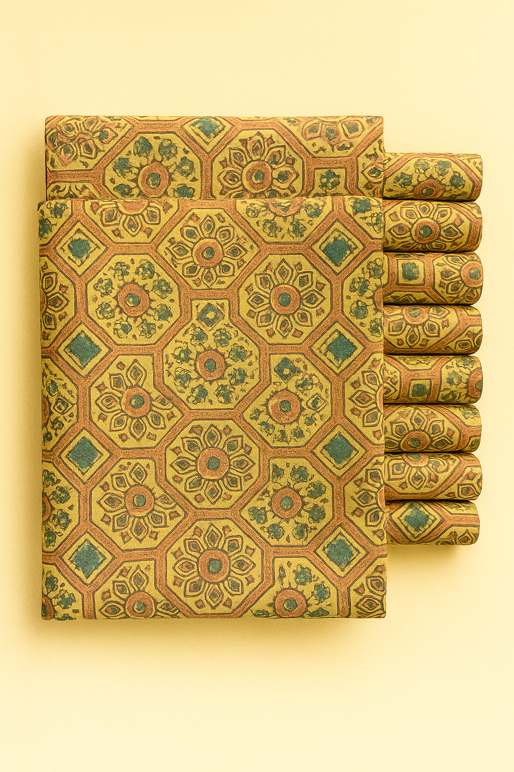 PEACH AND GREEN FLORAL ON MUSTARD