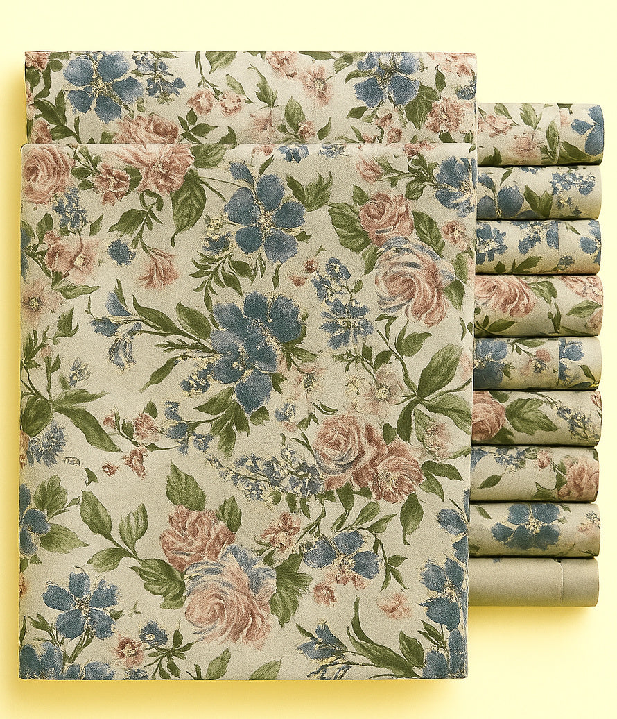 DEEP COFFEE, MIST BLUE AND GREEN FLORAL ON CREAM