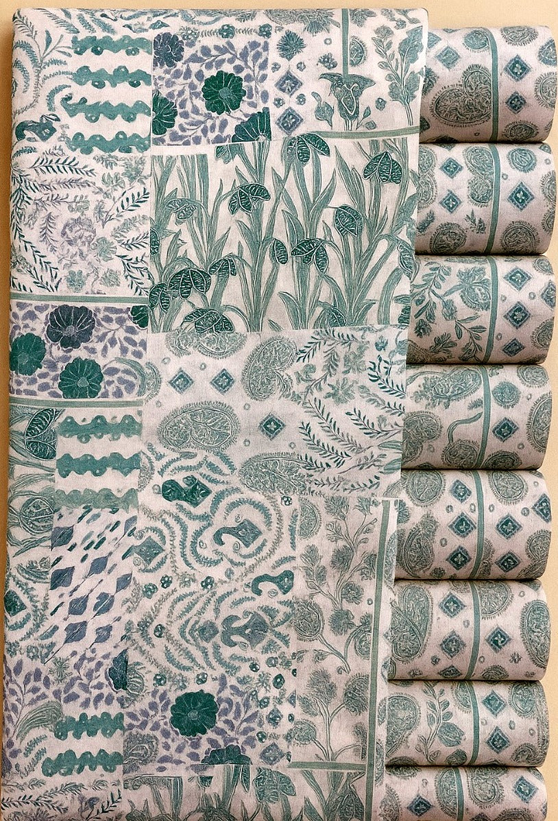 LIGHT AND DARK GREEN FLORAL ON OFF WHITE