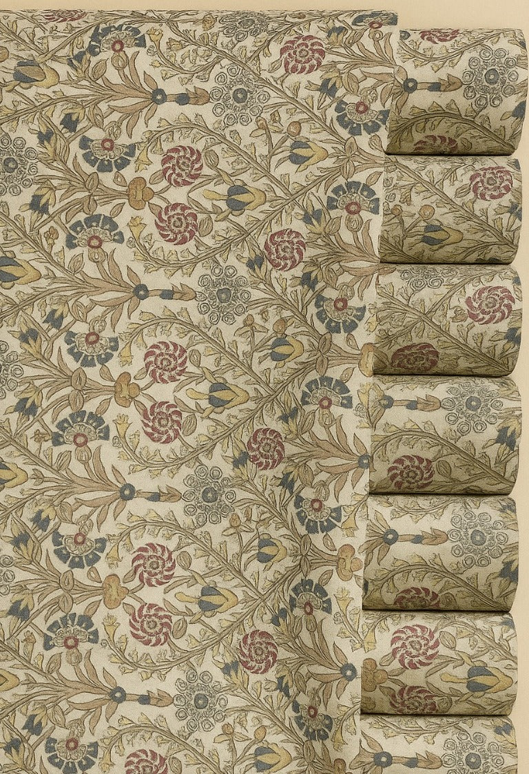 LIGHT MAROON, GREEN AND BLACK FLORAL ON CREAM
