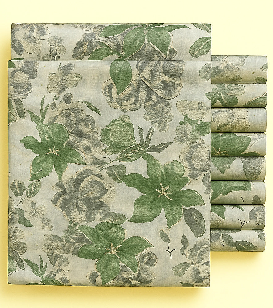 LIGHT & DARK GREEN, BEIGE FLORAL ON CREAM