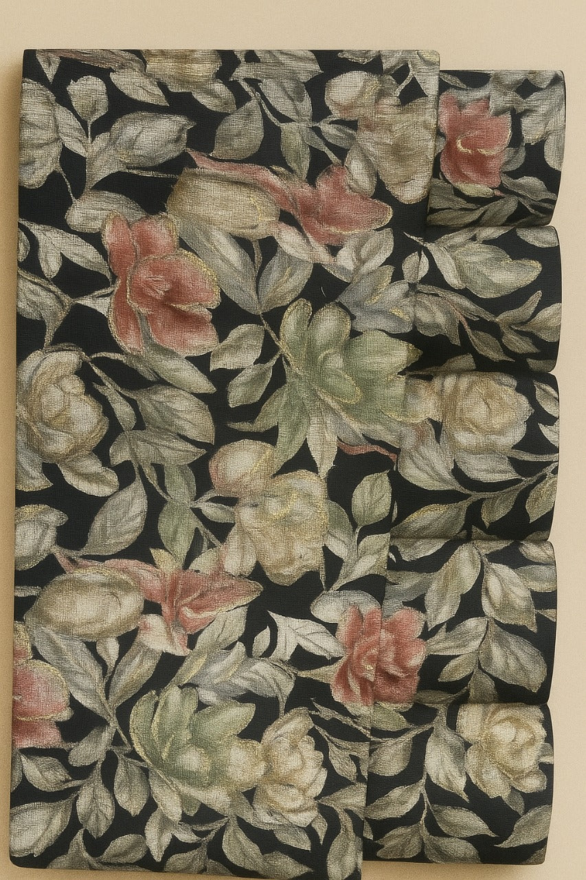 DEEP COFFEE, GREEN AND CREAM FLORAL ON BLACK