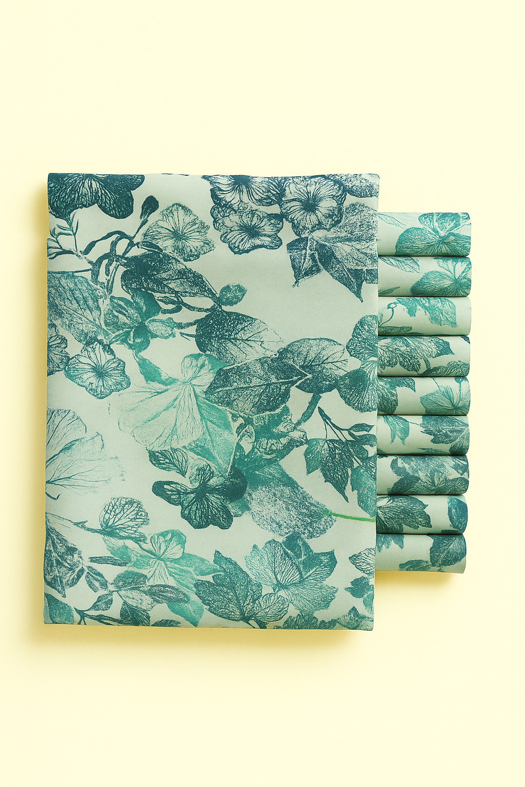 GREENISH BLUE AND PALE TEAL FLORAL ON VERY LIGHT GREEN