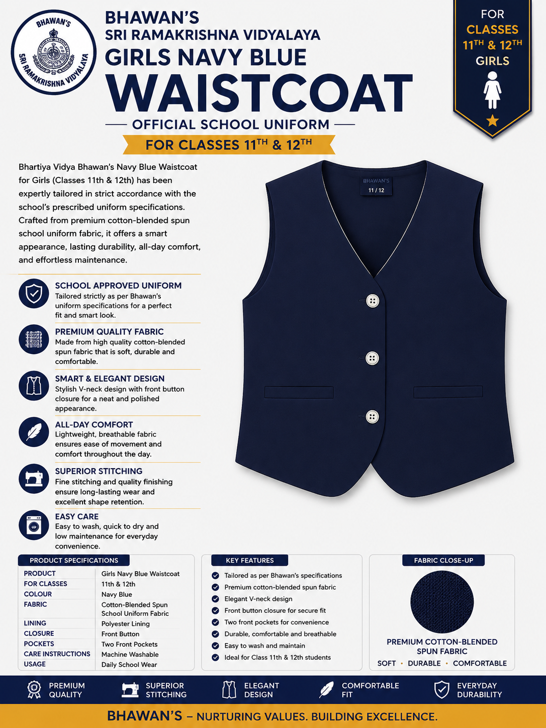 GIRLS NAVY BLUE WAISTCOAT FOR CLASS 11TH AND 12TH