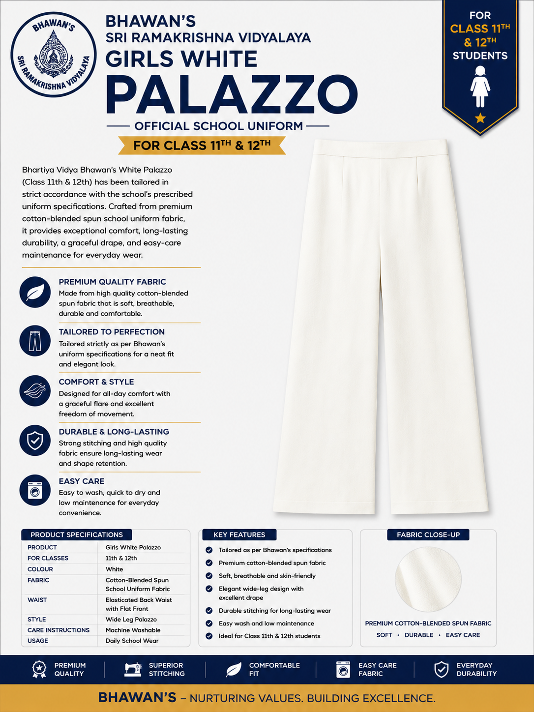 GIRL'S WHITE PALAZZO FOR CLASS 11TH AND 12TH