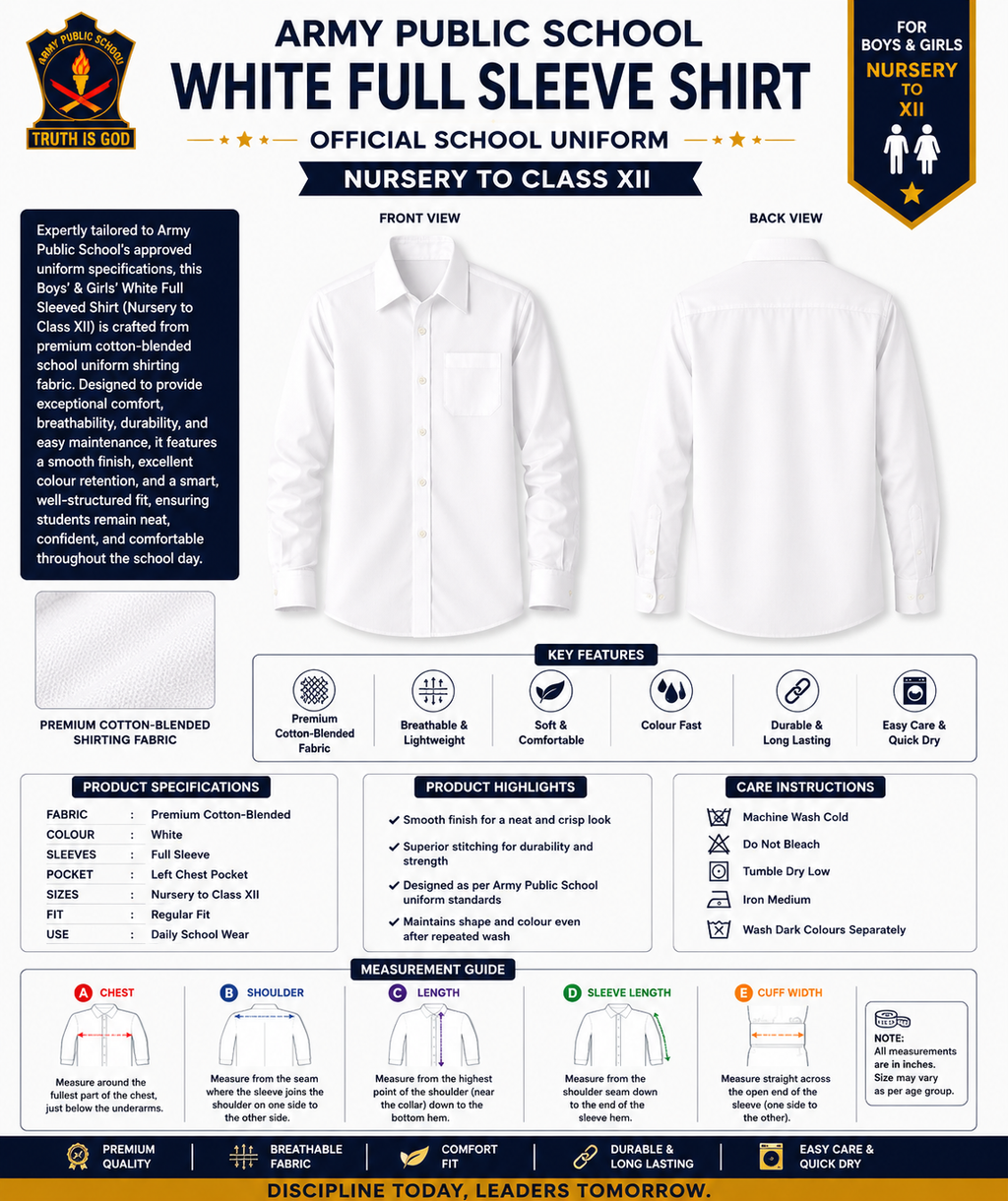 Army Public School White Full Sleeve Shirt