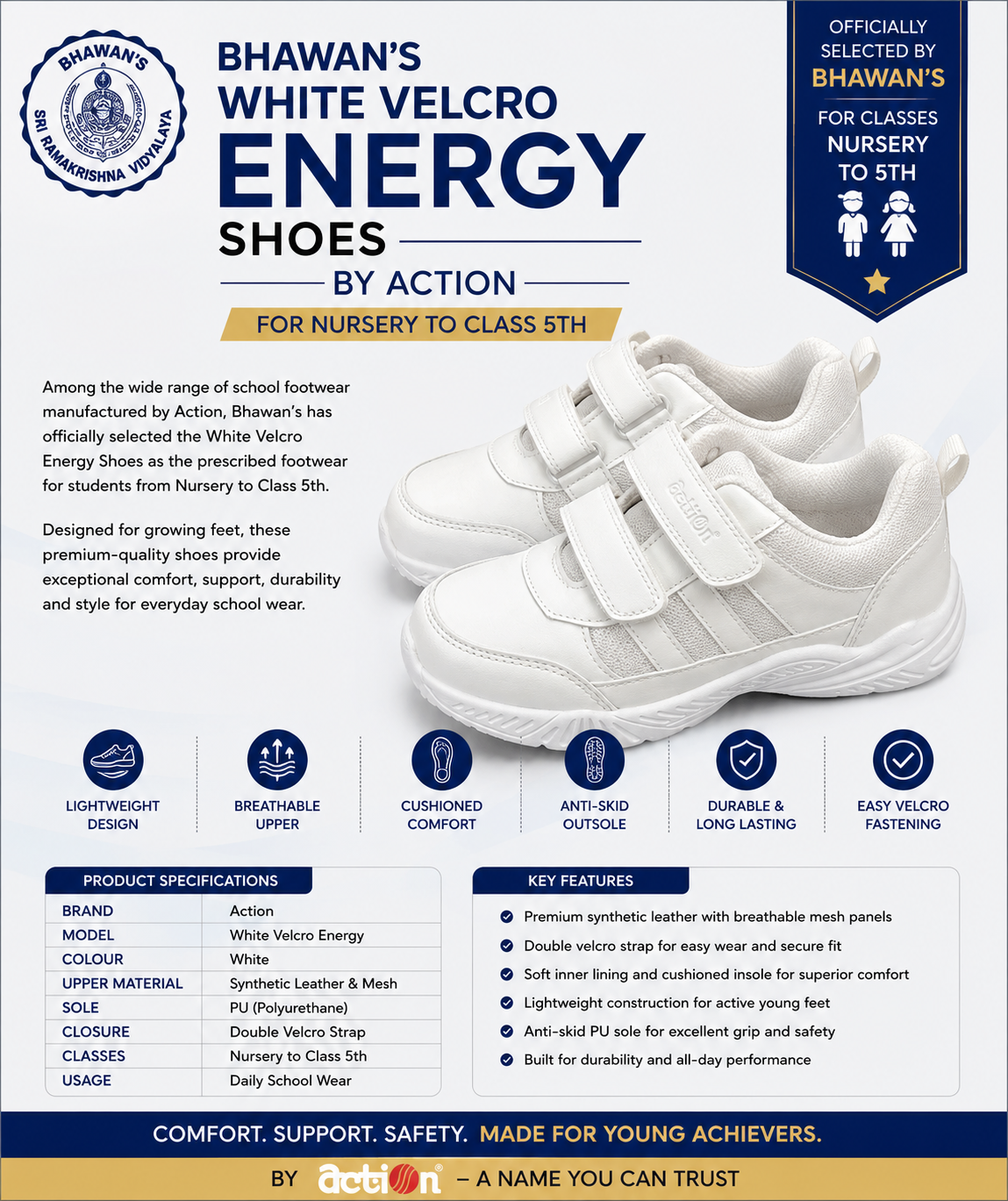 WHITE VELCRO SHOES FOR NURSERY TO CLASS 5TH