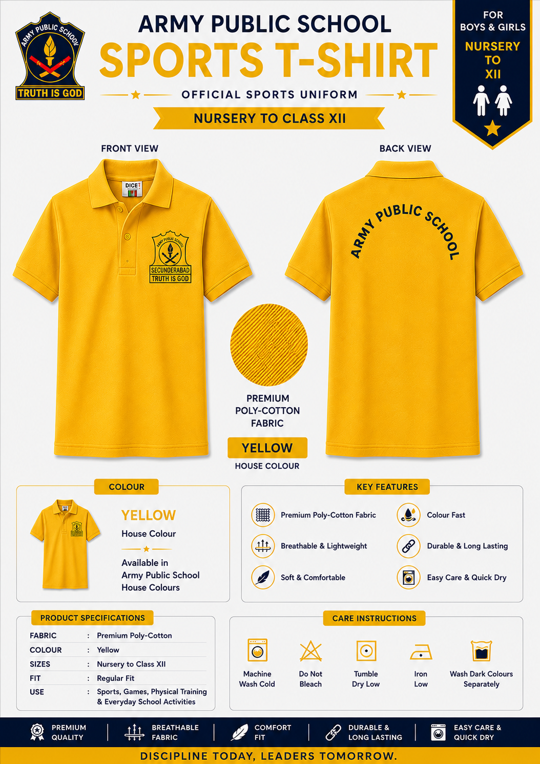 Yellow Boys and Girls Army Public School T Shirt