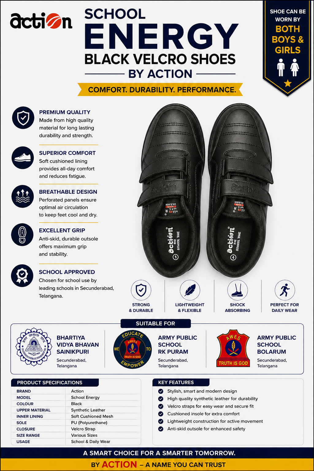Action Energy Black Velcro Shoes