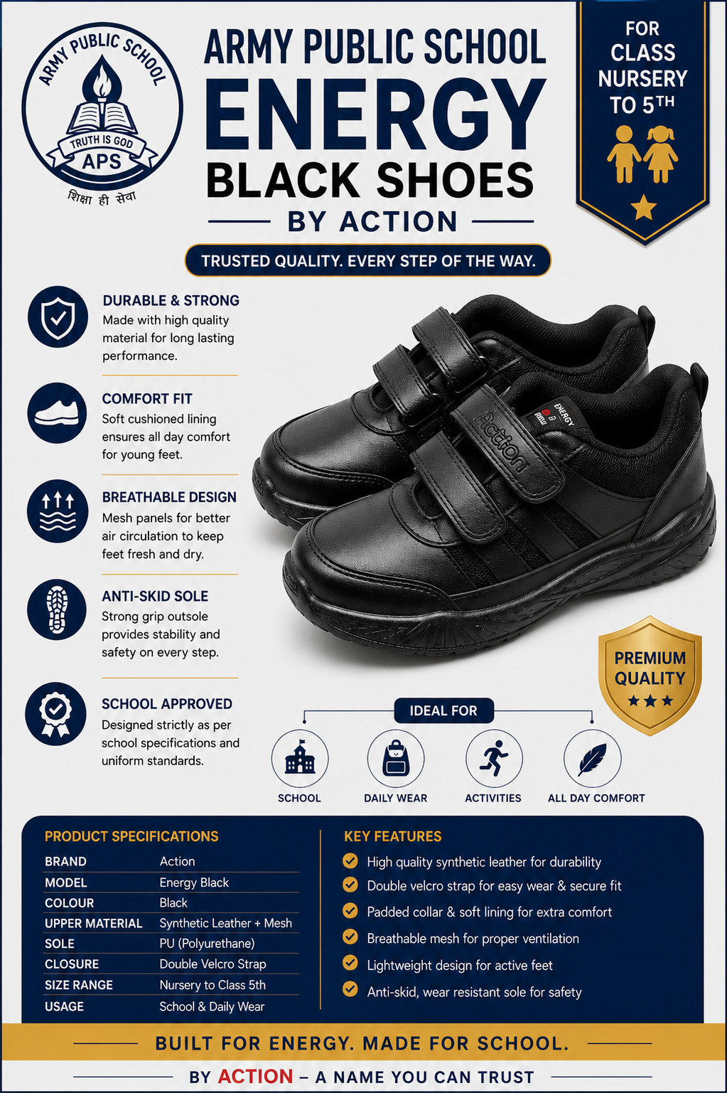 Army Public School Black Velcro Shoes