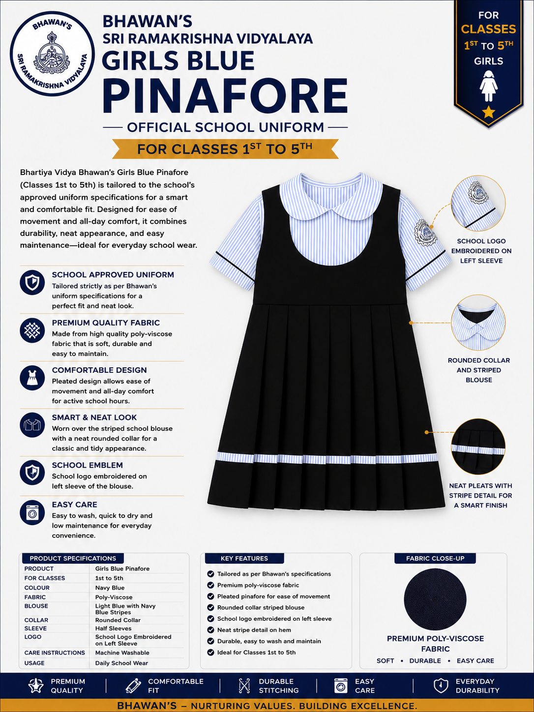 GIRL'S NAVY BLUE FROCK FOR CLASS 1ST TO 5TH