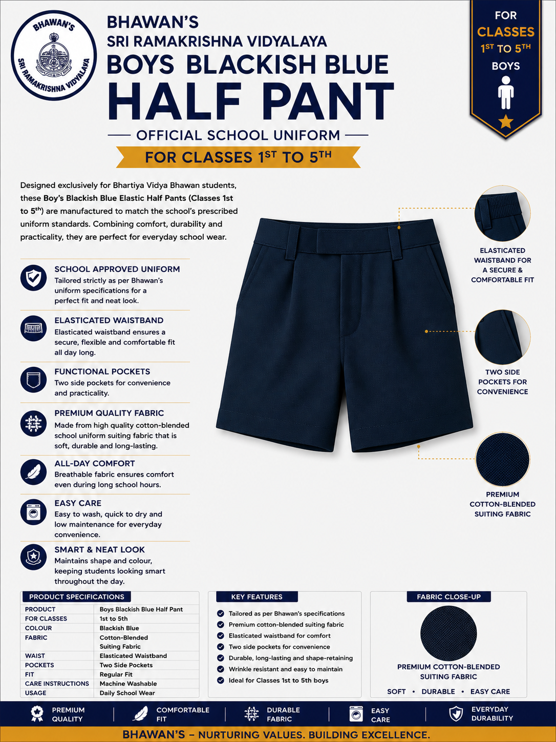 BOY'S NAVY BLUE HALF PANT FOR CLASS 1ST TO 5TH