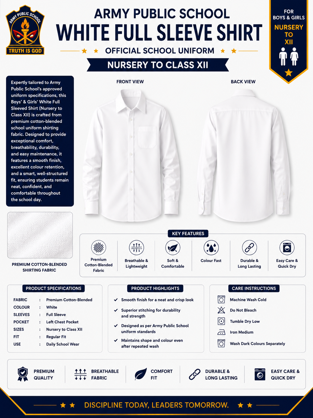 Army Public School White Full Sleeve Shirt