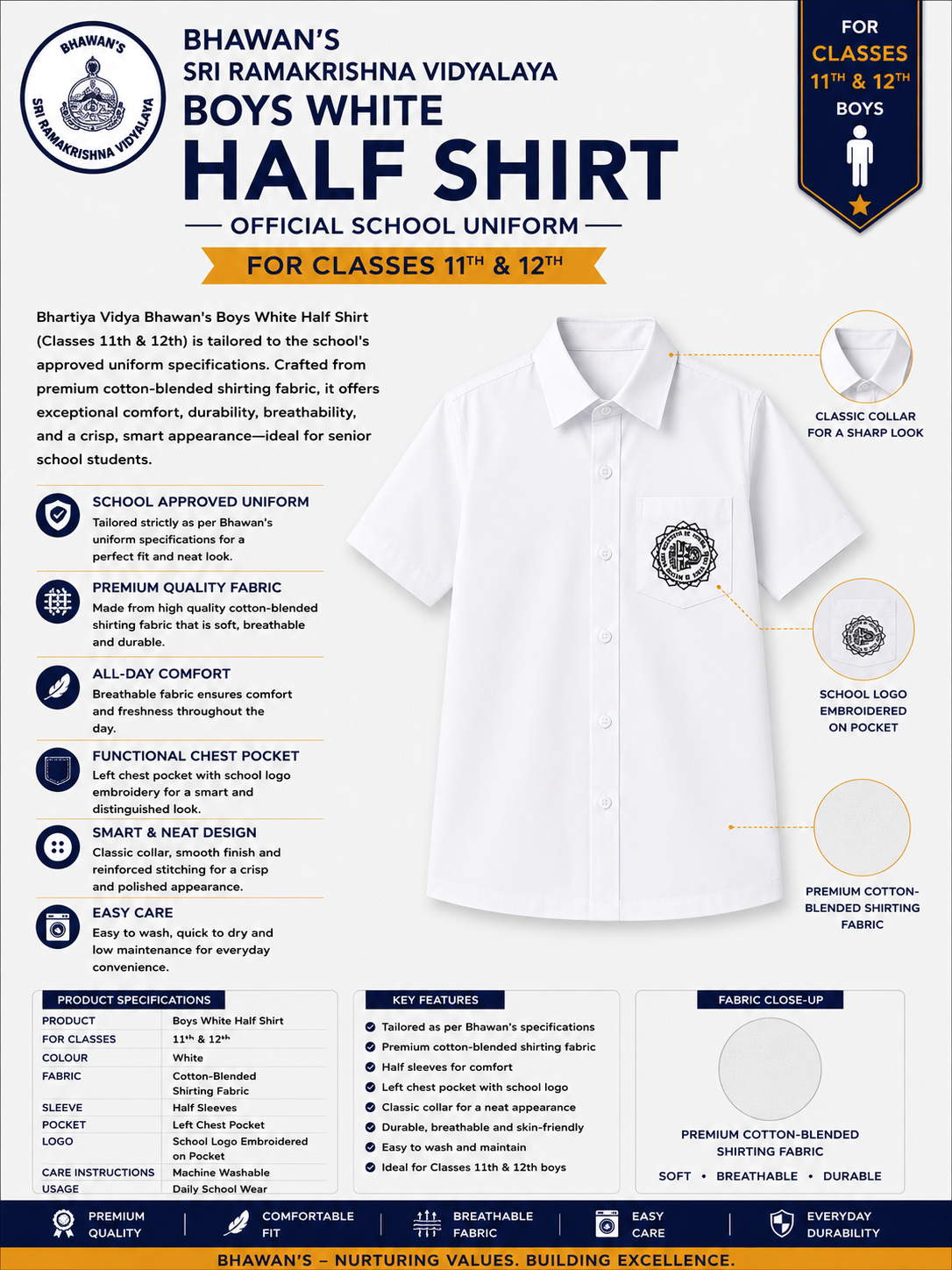 BOY'S WHITE SHIRT FOR 11TH & 12TH