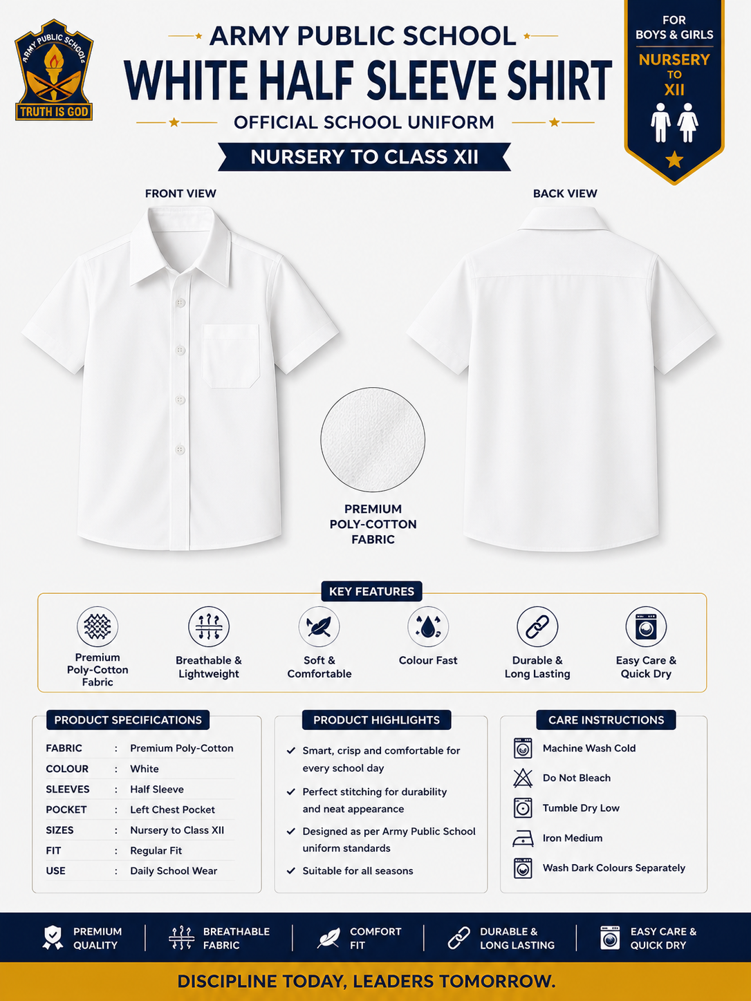 Army Public School White Half Sleeve Shirt